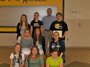 6th: Elisabeth S., Michaela J., Victoria Colon 7th: Anna S., Hannah B., Hannah Br., 8th: Morgan B., Madeline O., Nathan A. Rotarian: Bruce Kingshill