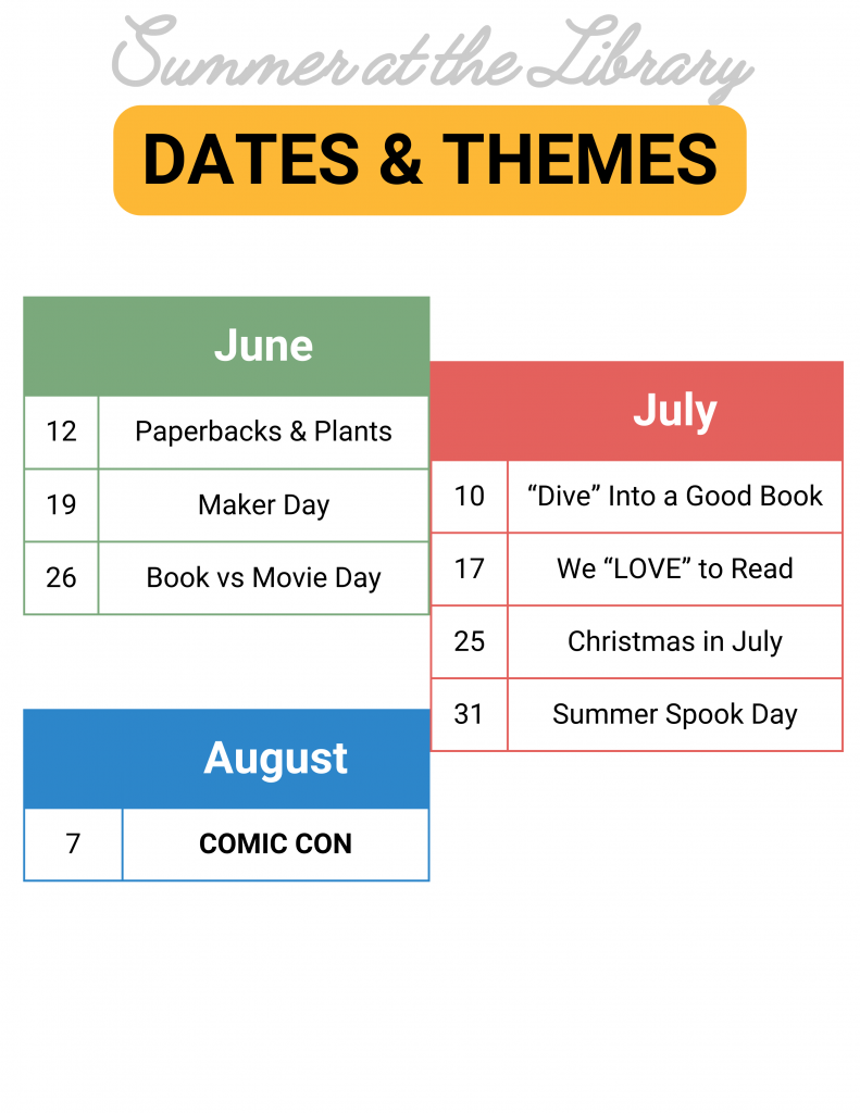 dates & themes for summer at the library; June 12 - paperbacks and plants; June 19 - Maker Day; June 26 - Book vs Movie Day; July 10 - "Dive" into a Good Book; July 17 - We LOVE to Read; July 25 - Christmas in July; July 31 - Summer Spook Day; August 7 - COMIC CON