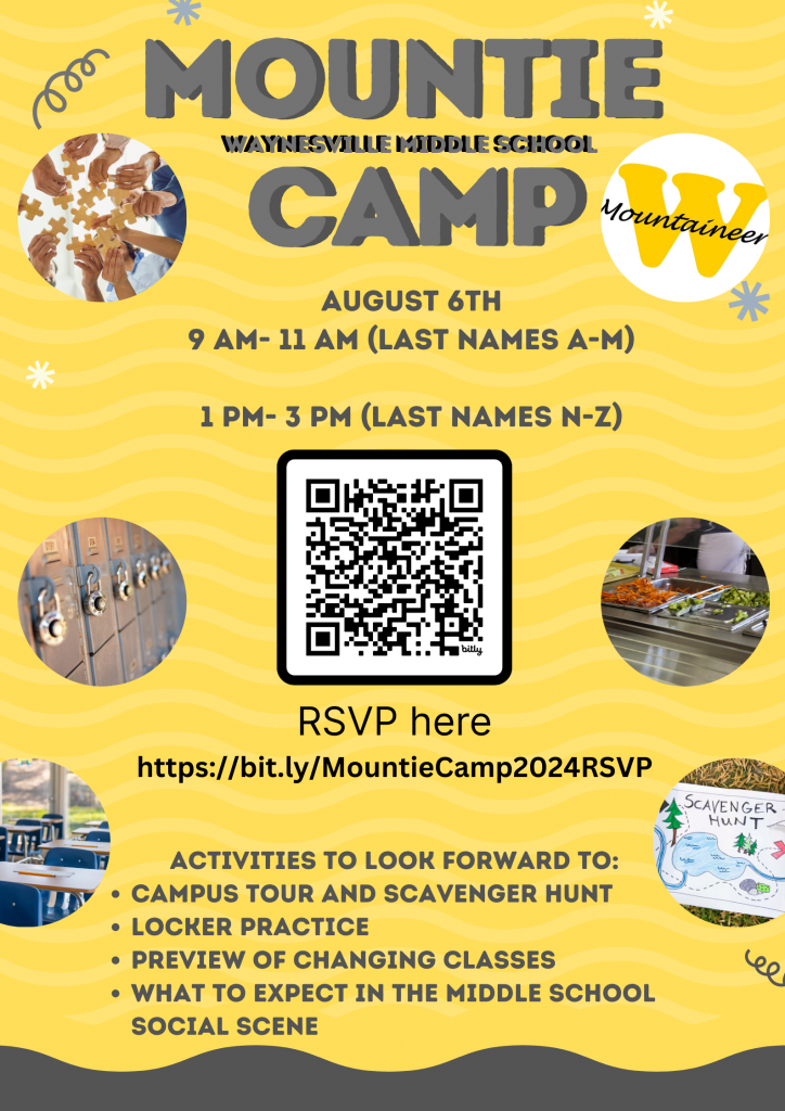 yellow poster with details of mountie camp on August 6th; 9-11AM = last names A-M; 1-3PM = last names N-Z;