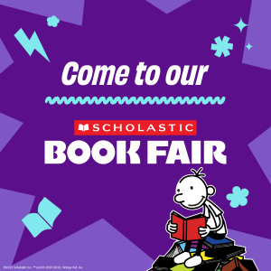 purple flyer with text "come to our scholastic book fair" 