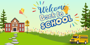 decorative photo of a school house with text "welcome back to school" 