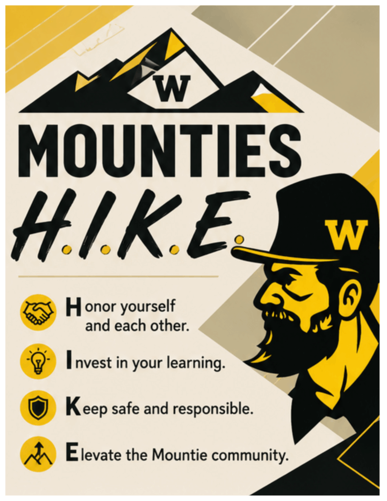 Black and gold poster  with a W on top and says Mounties H.I.K.E.
(image of hands shaking) Honor yourself and each other. 
(image of a light bulb) Invest in your learning.
(image of a shield) Keep safe and responsible.
(image of a mountain with an arrow pointing up) Elevate the Mountie community. 
To the bottom right, there is an image of the Mountaineer man, side profile with a W on his hat in black and gold)